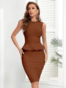 Elegant Classic Striped Texture Solid Color Bodycon Bandage Skirt For Summer - Coffee Brown - View 4