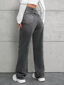 EURMUSE Jeans Rectos Con Cintura Alta Y Rotos - Gris Oscuro - Ver 2