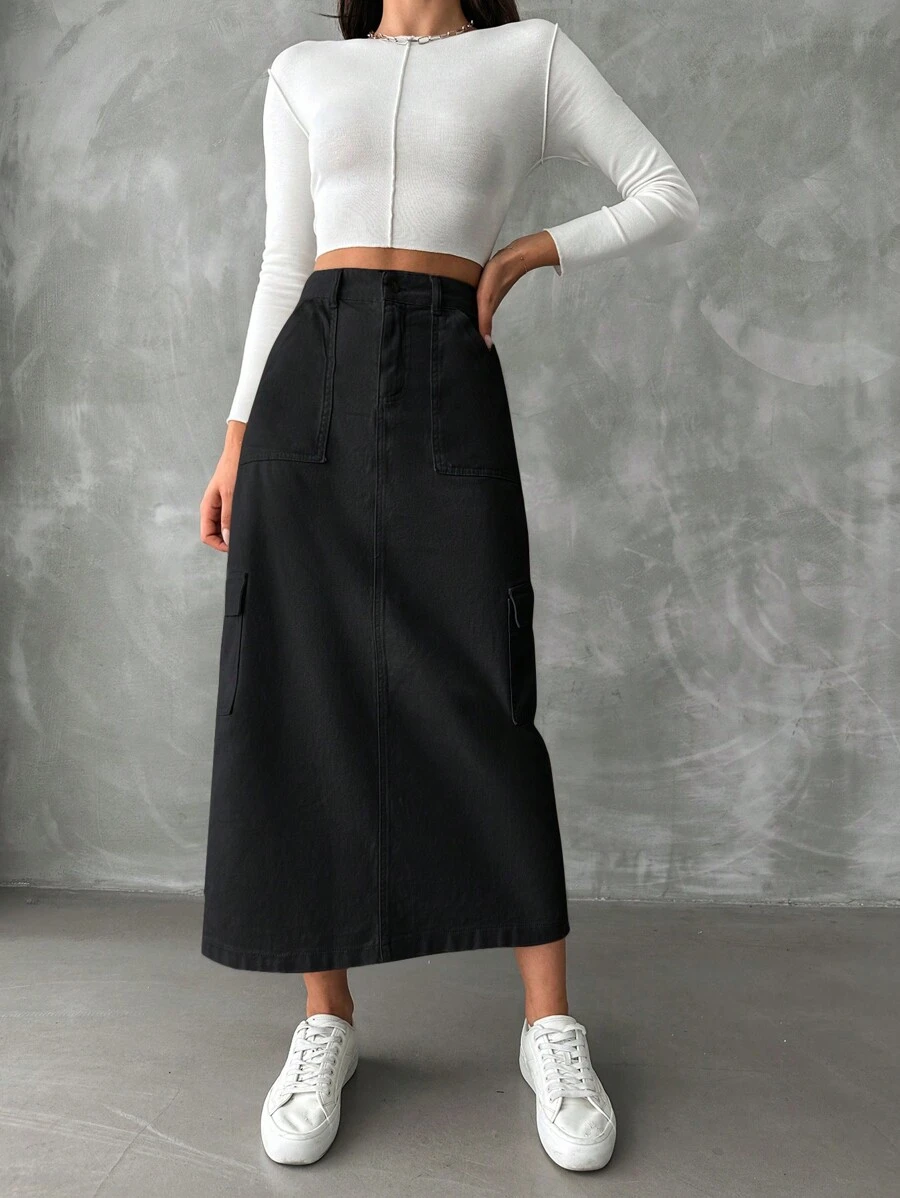 EURMUSE Kvinnors Denim Cargo Ficka Framtill Kjolar - Svart - Visa 1