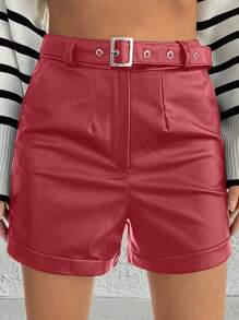 EURMUSE Women's Pu Short Pants With Belt - Red - View 5