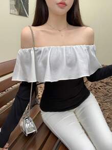 Dazy Star Women's Contrast Color Lace Off Shoulder Long Sleeve T-Shirt,Ruffle,Fall Women Clothes Cute Tops - Black - View 6