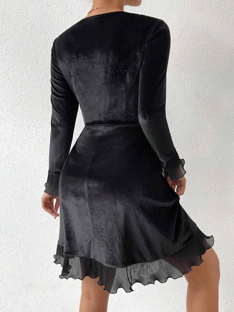 Women's V-Neck Splicing Mesh Ruffle Hem Belted Dress