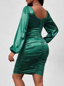 孕婦鍛布燈籠袖包臀洋裝 - 綠色 - 查看 2