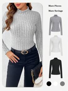 SHEIN Essnce 3pcs High Neck Solid Color Waffle Knit Long Sleeve T-shirt - Multicolor - View 1