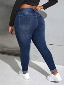 SHEIN Essnce Plus Size High Waisted Skinny Jeans - Dark Wash - View 3