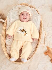 Baby Boy Cartoon Embroidery Raglan Sleeve Teddy Sweatshirt & Pants