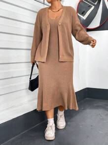 Flirla Kích thước lớn Của phụ nữ Thả vai Áo len Mở Và Đuôi cá Hem Đầm Áo len Bộ - Màu Khaki - Xem 4