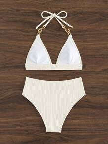 SHEIN Swim Summer Beach Ladies' Solid Color Textured Halter Neck Two Pieces Bikini Set Wedding - Beige - View 2