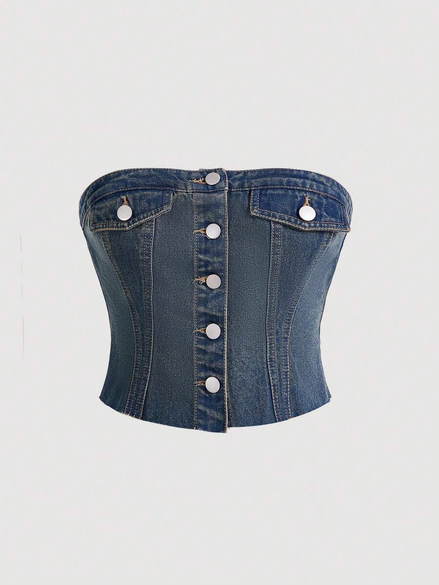 SHEIN MOD Women's Denim Strapless Top - Dusty Blue - View 1