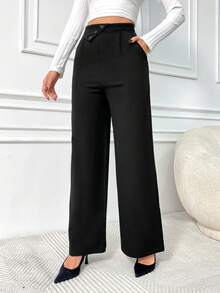 EURMUSE Solid Color Button Detailed Suit Pants - Black - View 3