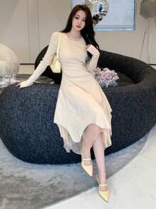 DAZY 女用不對稱下擺修身毛衣洋裝 - 杏色 - 查看 8