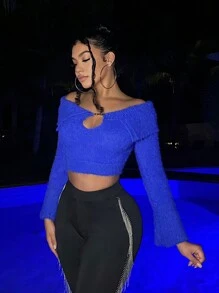 SHEIN SXY Jersey Recortado Plush Con Cuello Descubierto Y De Color Sólido - azul real - Ver 3