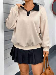 Flirla Của phụ nữ Kích thước lớn Cổ Polo Tiếng Anh In thư Thả vai Áo nỉ - Màu be - Xem 2