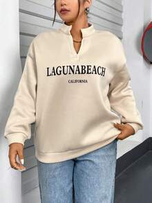 Flirla Kích thước lớn Của phụ nữ Nửa Zip Áo nỉ Với Túi kangaroo - Màu be - Xem 4