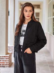 SHEIN Unity Women's Short Padded Padded Coat Clothes Winter With Stitching Detail - Black - View 3