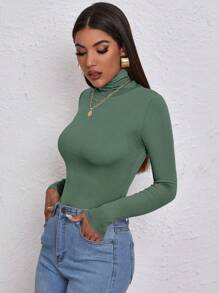 RueChic High Neck Form Fitted Tee - Army Green - View 3
