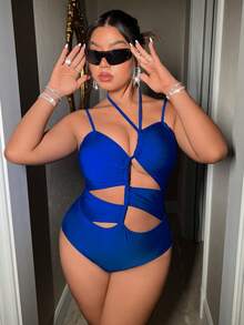 SHEIN Swim Curve 女性的露背加大碼連身泳衣 - 藍色 - 查看 6