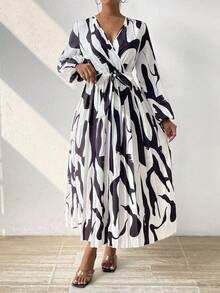 SHEIN SXY 女裝花紋印花吊帶連衣裙,蘭頓袖系帶裙款 - 黑與白 - 查看 6