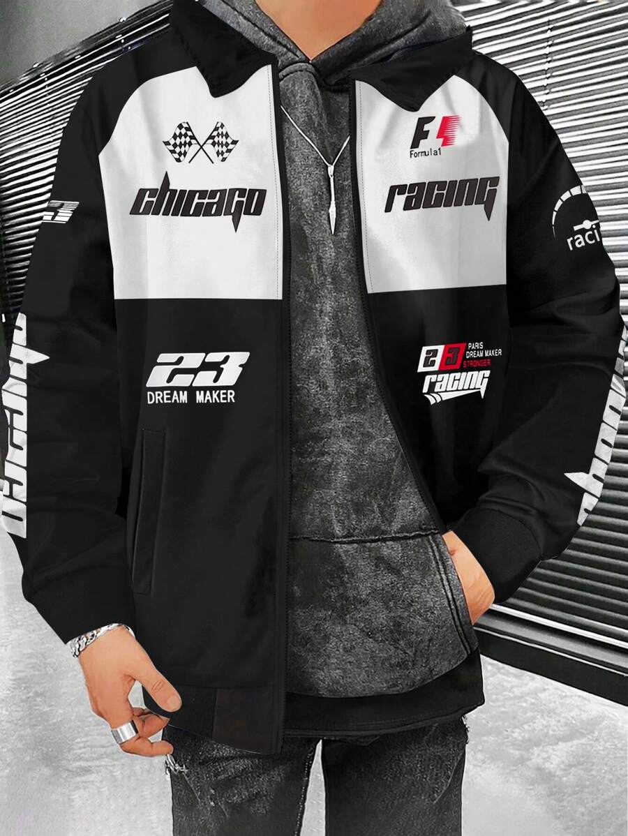 Manfinity Hypemode Men's Letter Printed Jacket - Black and White - View 1