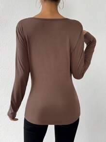 SHEIN Privé Solid Color Draped Collar T-shirt - Coffee Brown - View 2