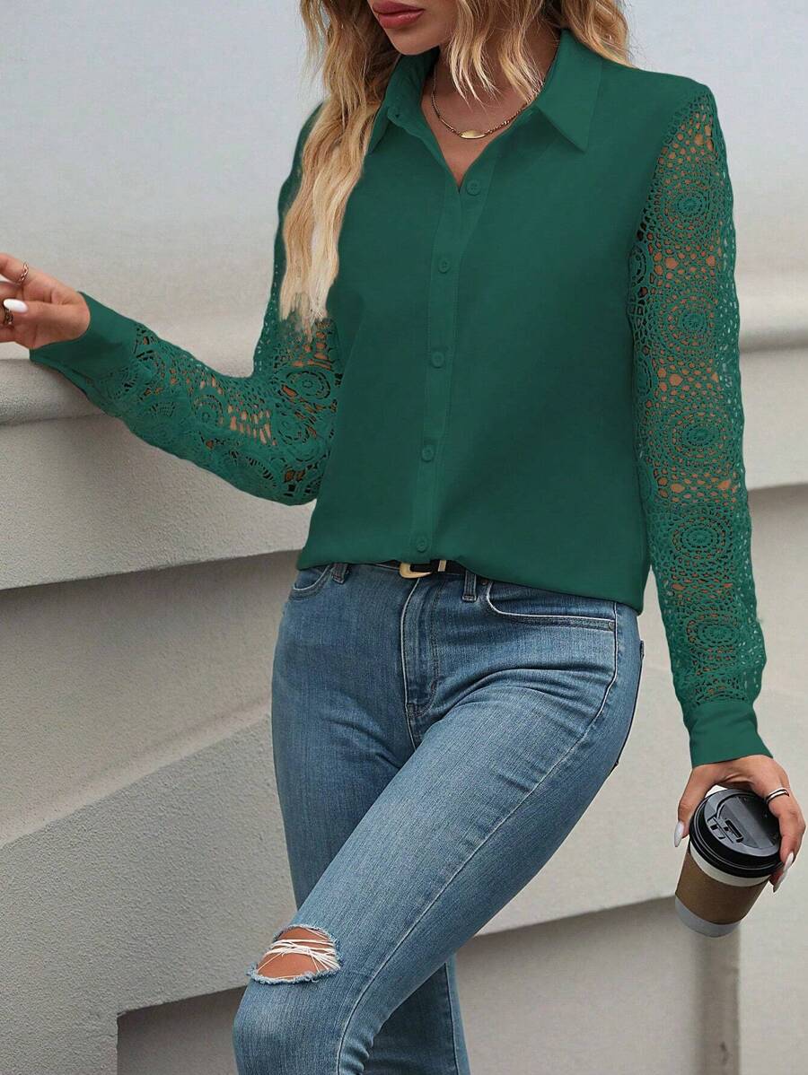 SHEIN Clasi 女款長袖蕾絲拼接襯衫 - 綠色 - 查看 1