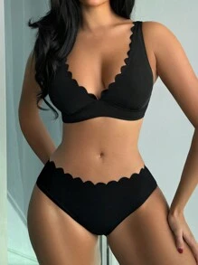SHEIN Swim Summer Beach Women's Ruffle Edge Bikini Set - Black - View 1