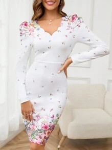 SHEIN Clasi 女士花卉印花羊腿袖连衣裙扇贝边白色连衣裙 - 彩色 - 查看 5
