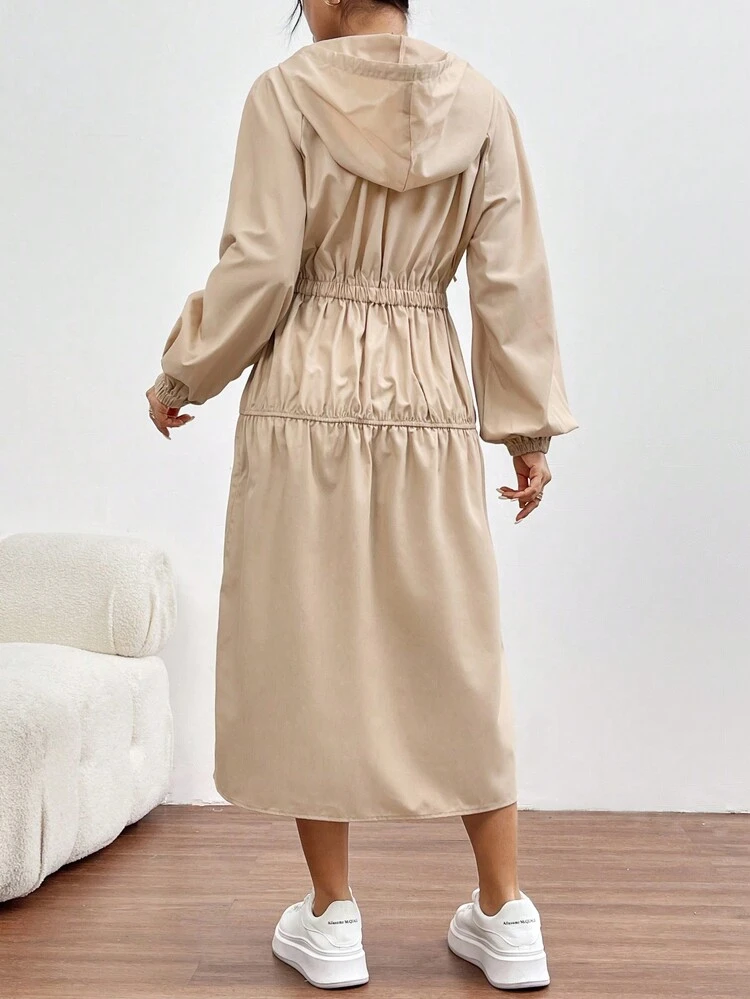 Women's Solid Color Drawstring Hooded Lantern Sleeve Dress