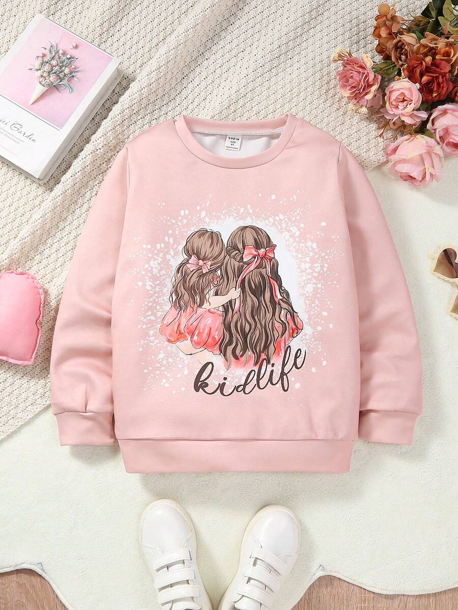 SHEIN 女大童字母人物圖案加絨內裏套頭衫 - 藕粉色 - 查看 1