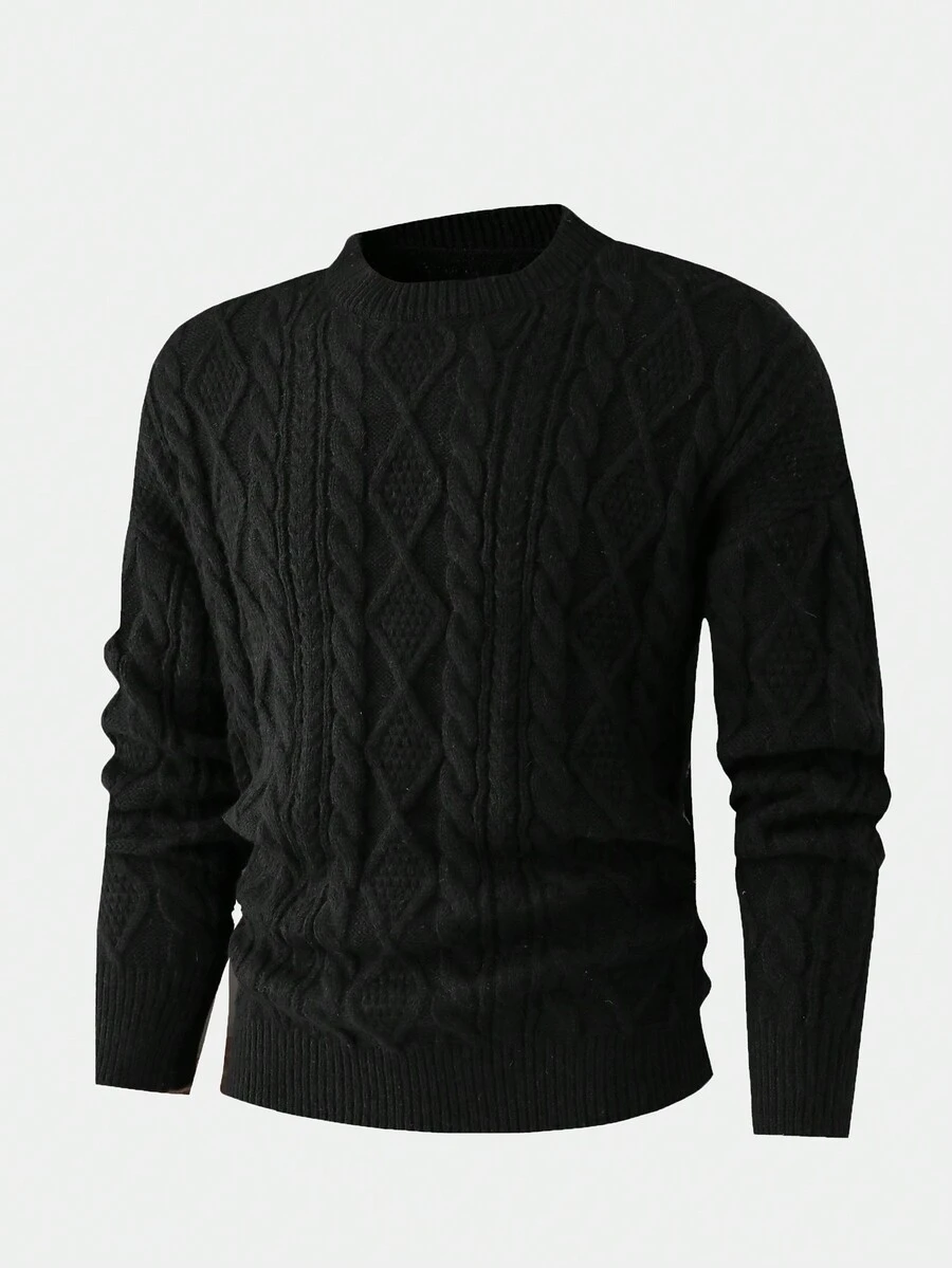 ANDREILEE Men's Casual Versatile Solid Color Knitted Sweater With Braided Floral Pattern - Black - View 1