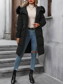 SHEIN LUNE 女士黑色连帽长款棉服棉袄冬季拼布 - 黑色 - 查看 1