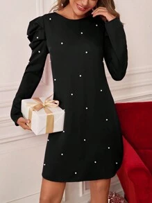 SHEIN Clasi 女用珍珠裝飾羊腿袖連身裙