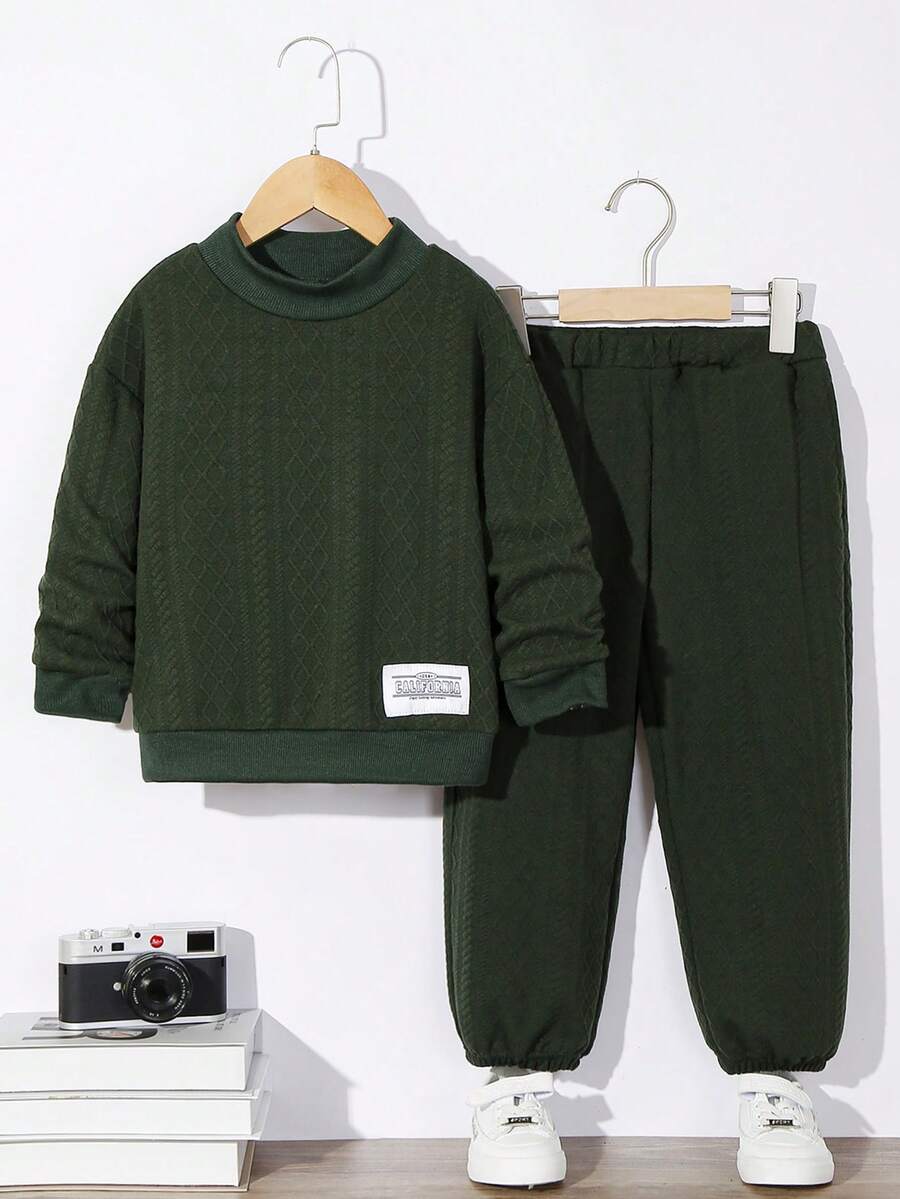 Young Boy Letter Patched Drop Shoulder Sweatshirt & Sweatpants - Green - View 1