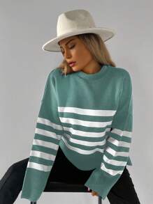 EURMUSE Pullover mit Streifen Muster, Drop Shoulder - Minzgrün - Übersicht 4