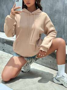 INAWLY Áo hoodie lót nhiệt có dây rút vai thả túi Kangaroo, áo dài tay - Màu Khaki - Xem 4