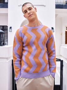 Manfinity Hypemode Suéter Tejido Con Cuello Redondo Para Hombres Con Patrón De Bloqueo De Color, Manga Larga