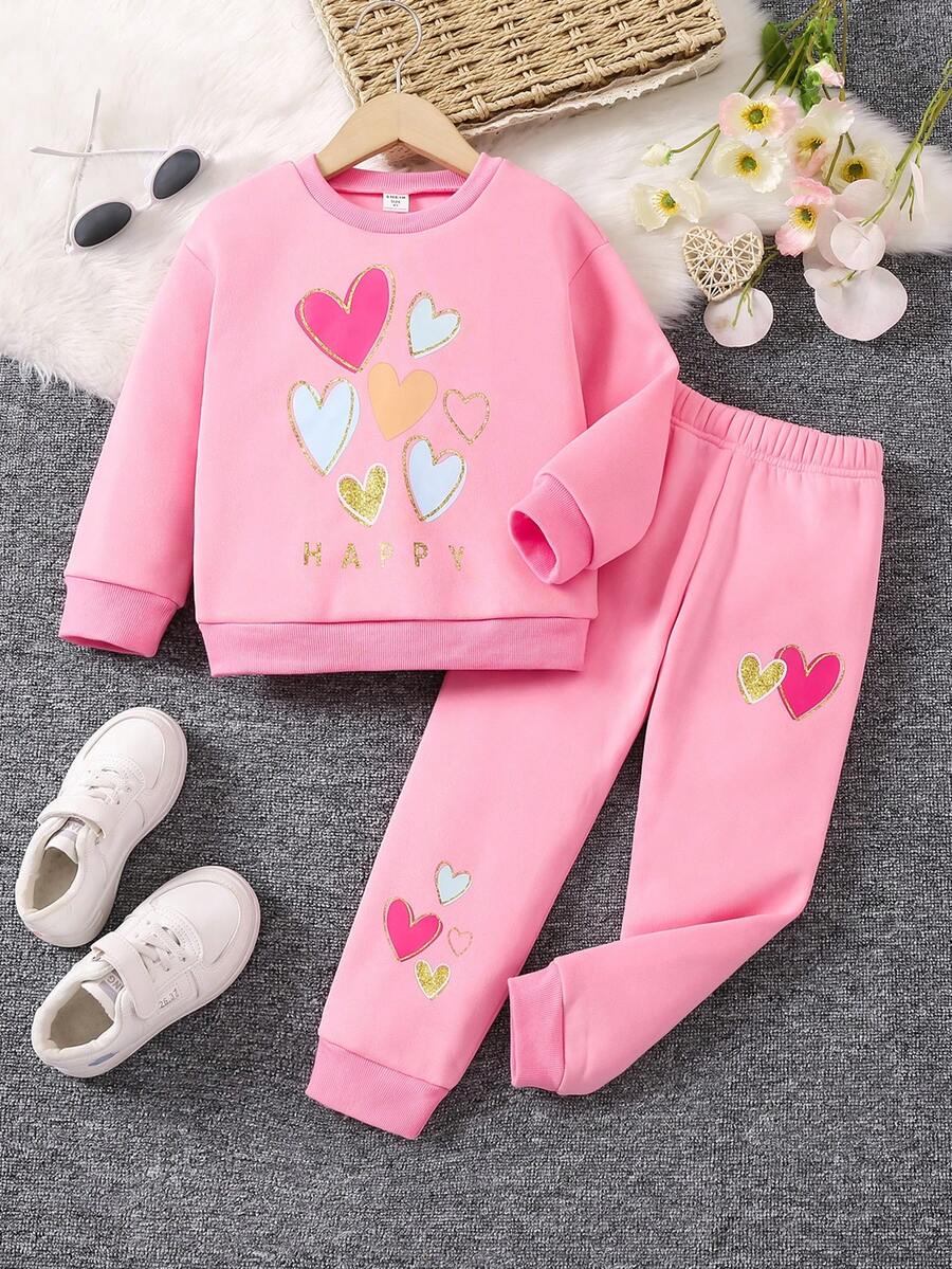 SHEIN Nhỏ bé Cô gái Hình trái tim Vòng cổ Áo nỉ Và Quần thể thao Bộ - Hồng - Xem 1