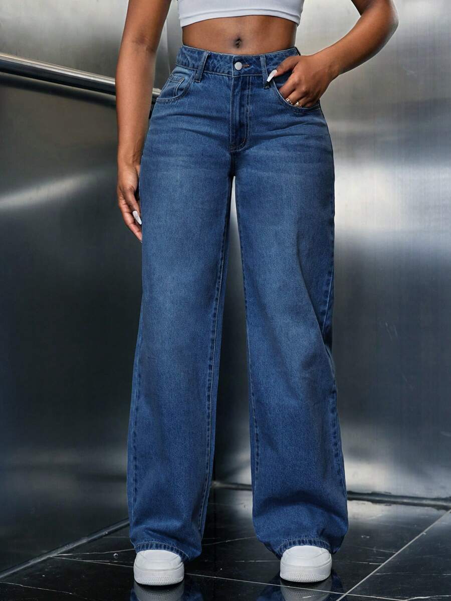 SHEIN Ladies' Wide Leg Denim Pants,Ladies Casual Button,Pocket,Zipper