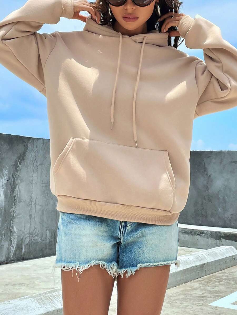 INAWLY Áo hoodie lót nhiệt có dây rút vai thả túi Kangaroo, áo dài tay - Màu Khaki - Xem 1