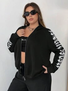 Flirla Áo nỉ tay raglan có khóa kéo, in chữ, cỡ lớn - màu đen - Xem 5