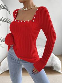 SHEIN Essnce 女式珍珠裝飾泡泡袖毛衣 - 紅色 - 查看 3