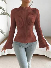 SHEIN Essnce 女士針織上衣,扇形袖和肋紋細節 - 紅木色 - 查看 4