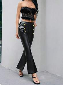 Anewsta Women's Double-Breasted Button Decorated Pu Leather Flared Pants - Black - View 7