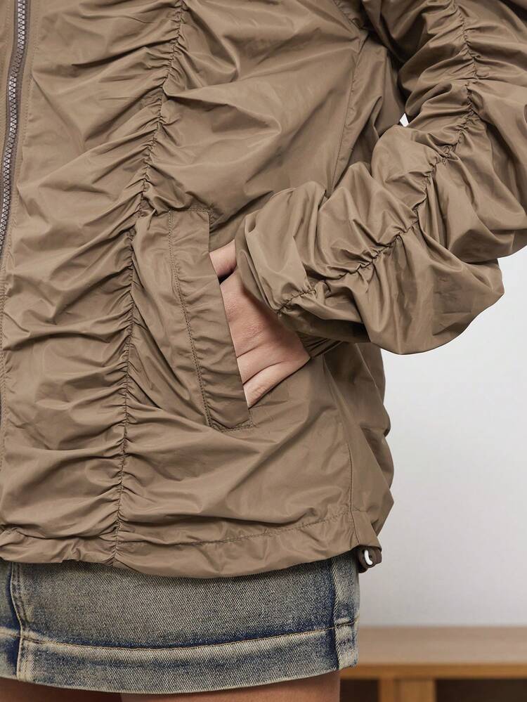 1pc Loose Solid Color Hooded Jacket With Ruched, For Fall Winter