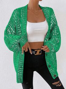 SHEIN Unity 女式寬鬆落肩鈕扣拼接針織開衫 - 綠色 - 查看 4