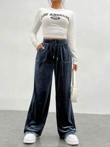 SHEIN EZwear 女士實色絨面寬褲,束繩腰帶款式 - 深灰色 - 查看 5