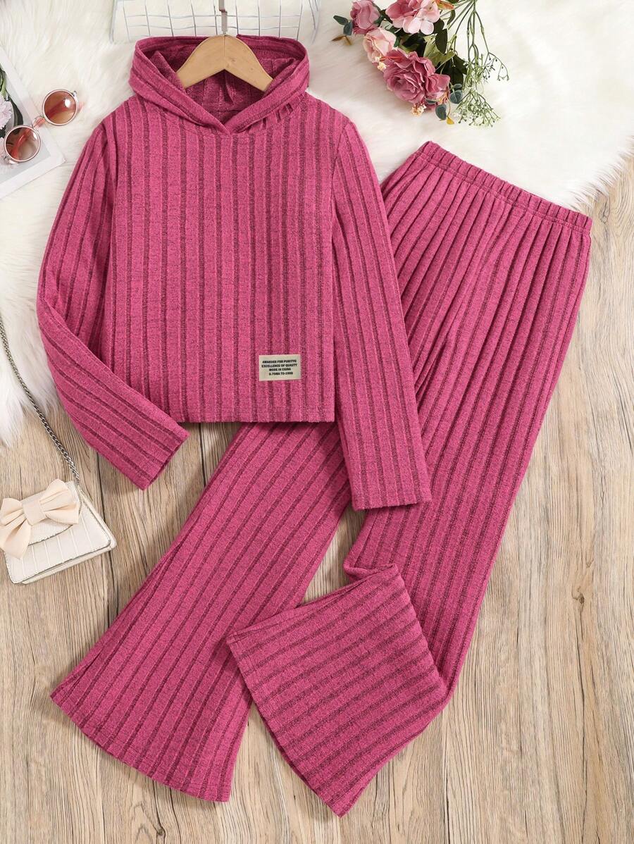 SHEIN Chica preadolescente Camiseta unicolor con capucha & Pantalones acampanados - Rosa Fucsia - Ver 1