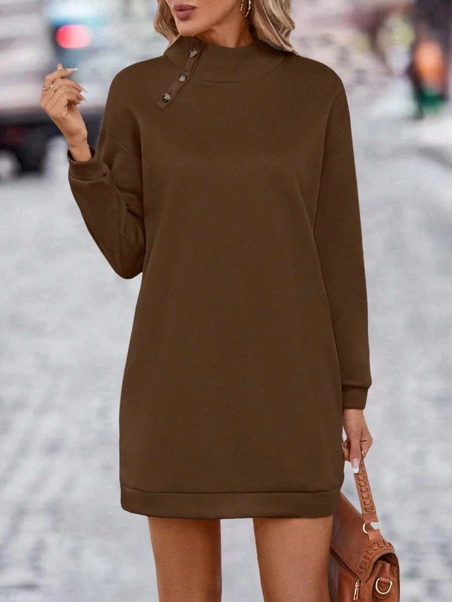 SHEIN LUNE Button Decor Drop Shoulder Sweatshirt Dress - Brown - View 1