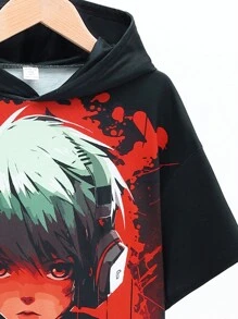 SHEIN 男童休閒連帽針織t恤,印有卡通圖案 - 黑色 - 查看 3