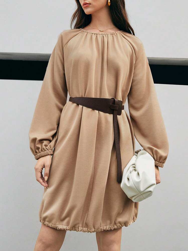 Women's Loose Round Neck Lantern Sleeve Dress Without Belt